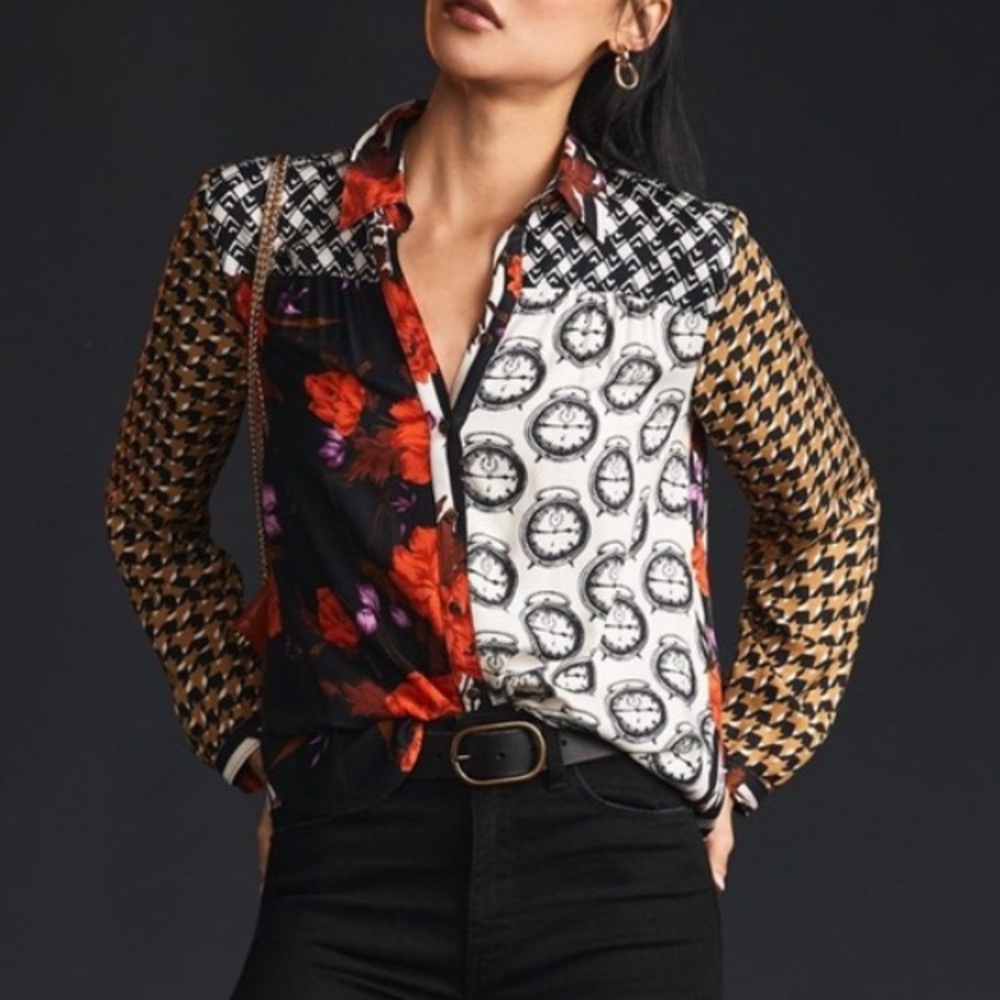 Maeve by Anthropologie The Paz Button Down Shirt Mix Print Novelty X-Small - Picture 10 of 11
